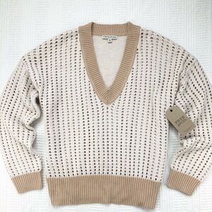 FRYE & CO. Sweater Open Knit V-Neck Oatmeal/Tan Size XXL